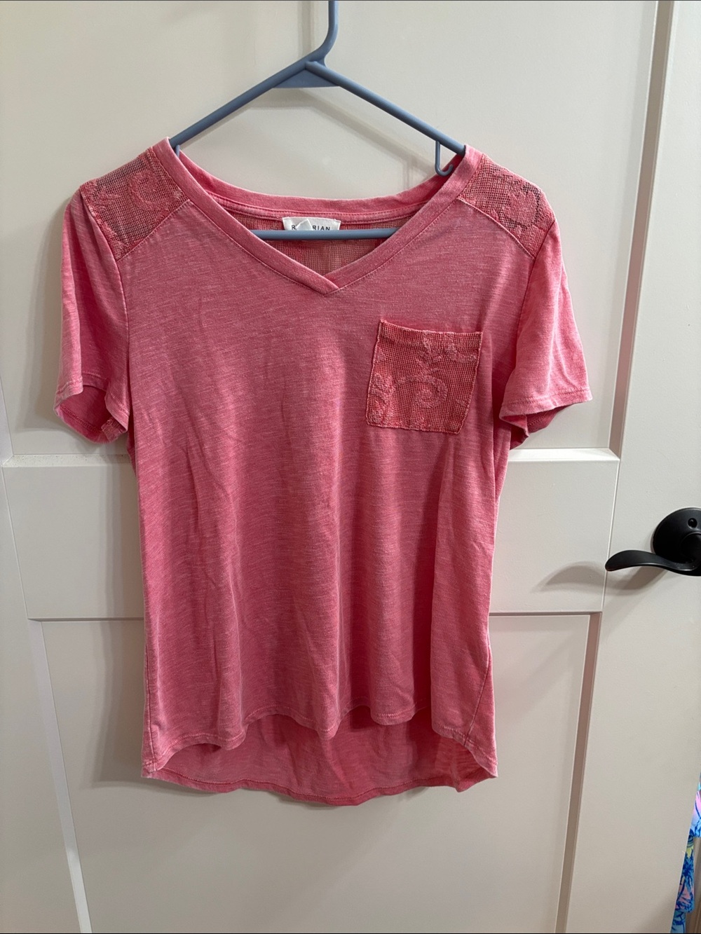 Women's V-Neck Short Sleeve Tee in Coral Pink with Chest Pocket